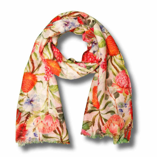 Wildflower Symphony Scarf –Merino Wool Silk | Australian Native Protea & Waratah Floral Wrap on Charcoal Grey