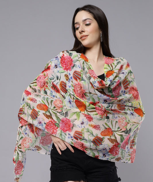 Wildflower Symphony Scarf –Merino Wool Silk | Australian Native Protea & Waratah Floral Wrap on Charcoal Grey