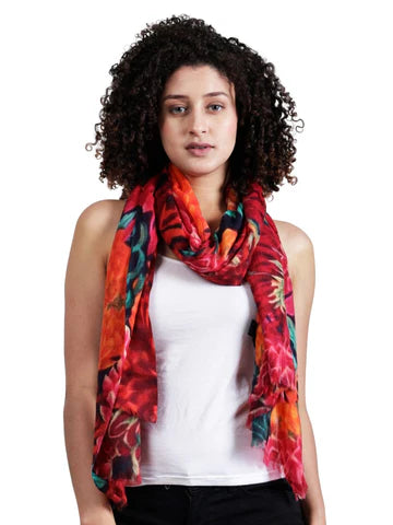 Japanese Chrysanthemum Glory Floral Scarf – Cotton Voile Designer Wrap | Bold Botanical Bloom Print