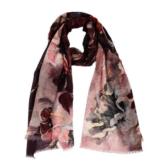 Midnight Peony Fine Merino Scarf – Hand-Painted Floral Elegance