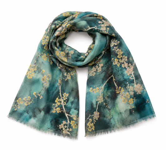 Botanical Green Print Merino Silk Designer Scarf