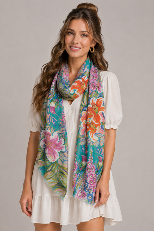 Tropical Hummingbird Lily & Wildflower Garden Print Modal Silk Scarf