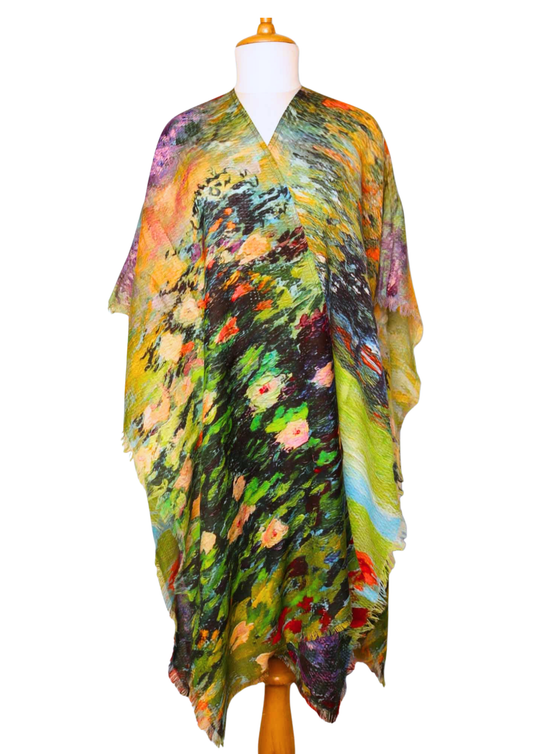Impressionist Garden Escape Cape – Romantic Floral Landscape Wearable Art