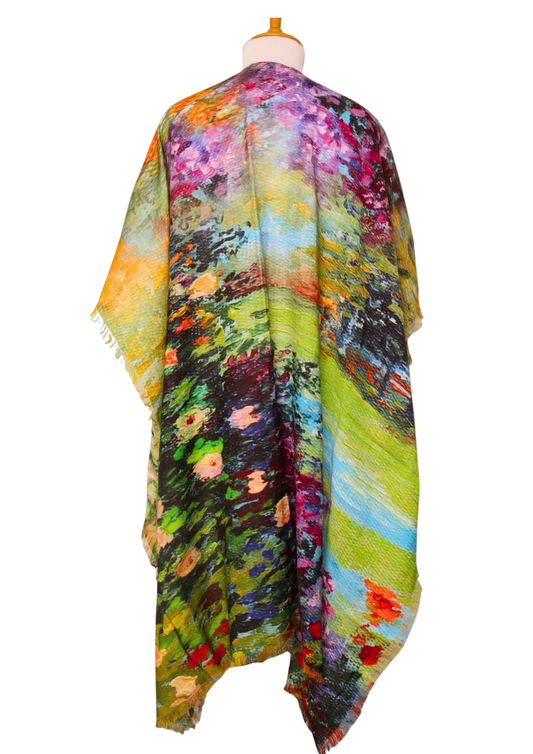 Impressionist Garden Escape Cape – Romantic Floral Landscape Wearable Art