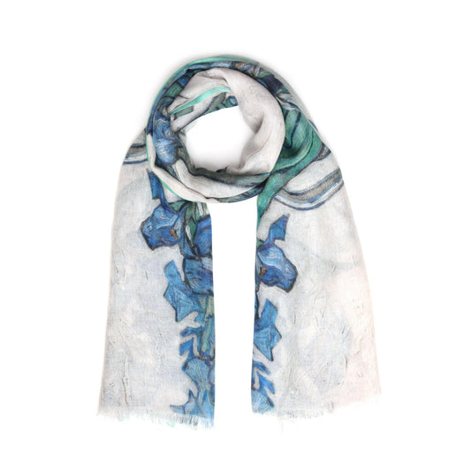 Van Gogh Irises Floral Scarf – Merino Fine Wool Designer Wrap | Blue Botanical Art Print
