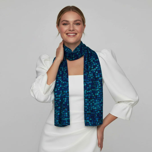 Blue Gradient Mosaic Abstract Scarf – Cotton Modal Designer Wrap | Geometric Tile Art Print