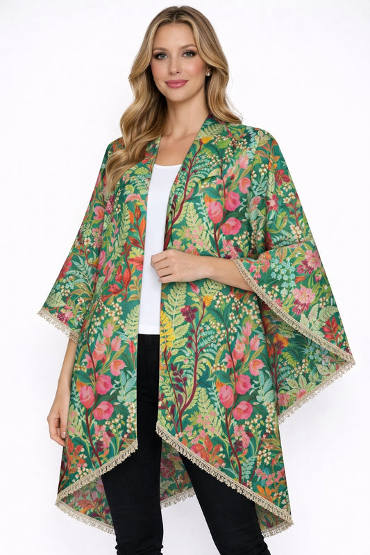 Botanical Garden Merino Wool Travel Cape – Artistic Floral Designer Cape