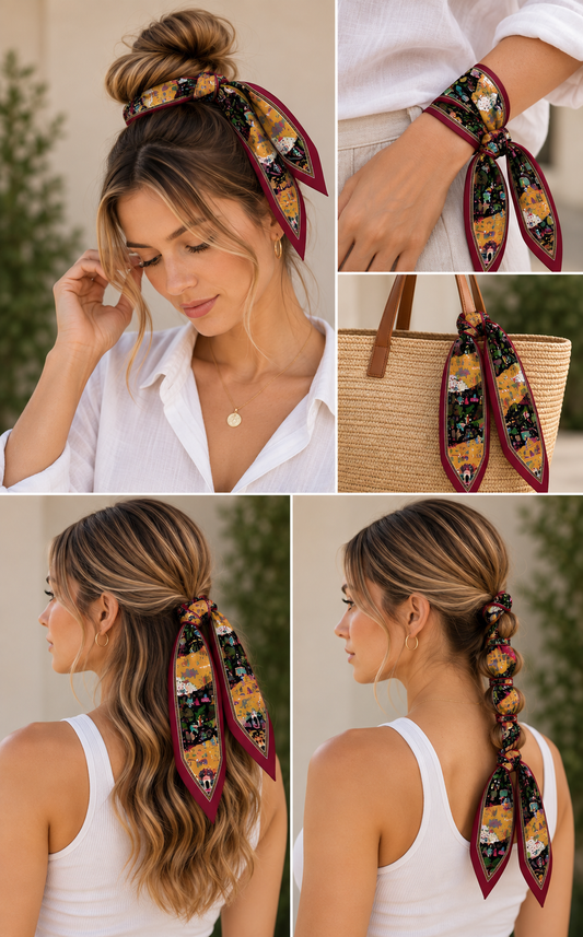 Burgundy Multicolour Heritage Print Silk Skinny Scarf