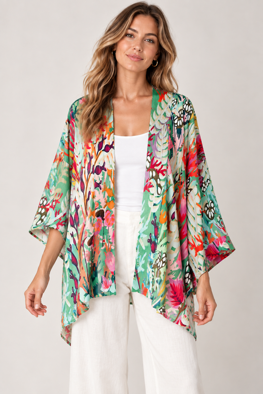 Kimono court en mousseline de coton abstrait