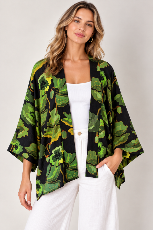Tropical Floral Print Cotton Muslin Short Kimono