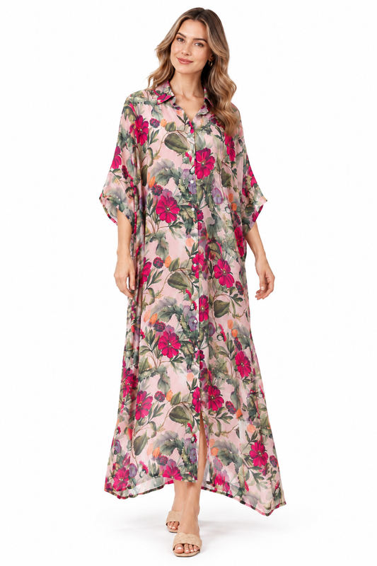 Botanical Floral Print Modal Satin Button-Down Dress