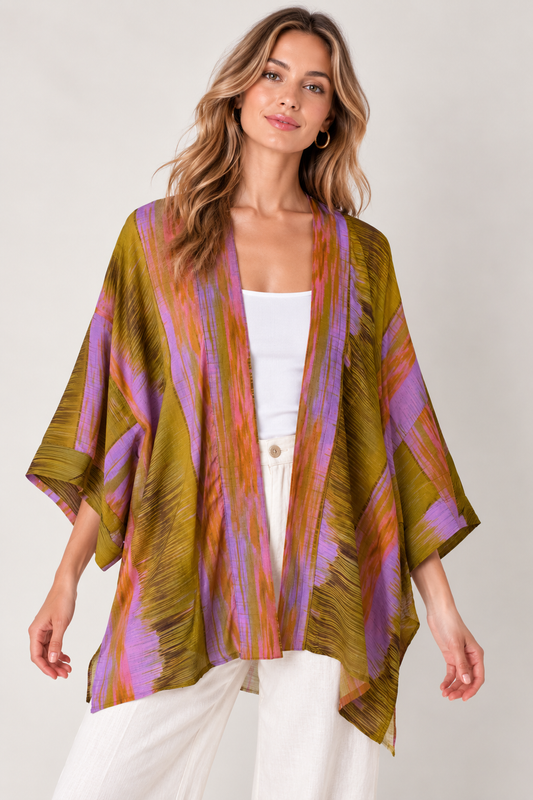 Abstract Ikat Print Cotton Muslin Short Kimono