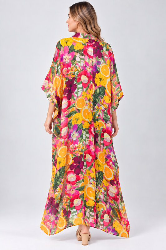 Tropical Floral & Citrus Print Modal Satin Button-Down Dress