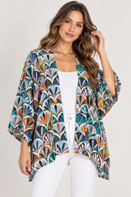 Deco Fan Cotton Muslin Short Kimono