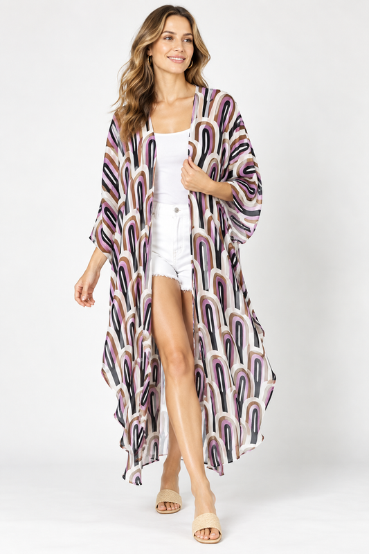 Geometric Arch Print Long Modal Satin Kimono