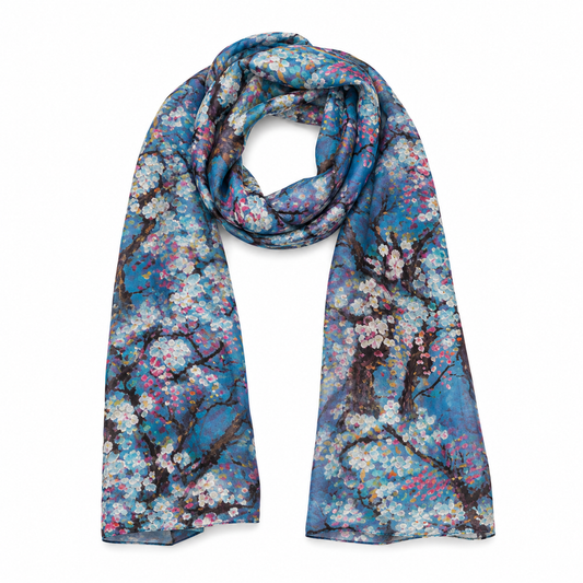 Floral Cherry Blossom Oil Painting Print Pure Silk Scarf