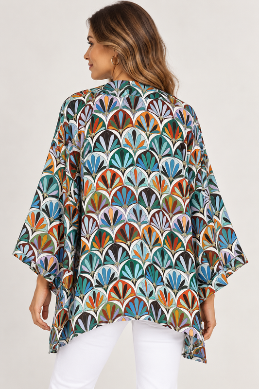Art Deco Fan Mosaic Short Kimono – Retro Cotton Velvet Jacket