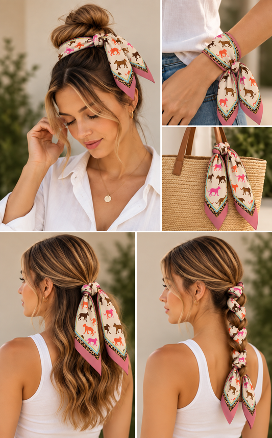 Beige Animal Print Silk Skinny Scarf