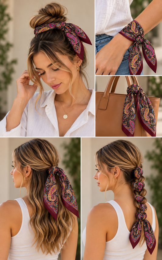 Burgundy Paisley Print Silk Skinny Scarf