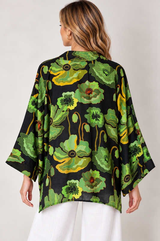 Tropical Floral Print Cotton Muslin Short Kimono