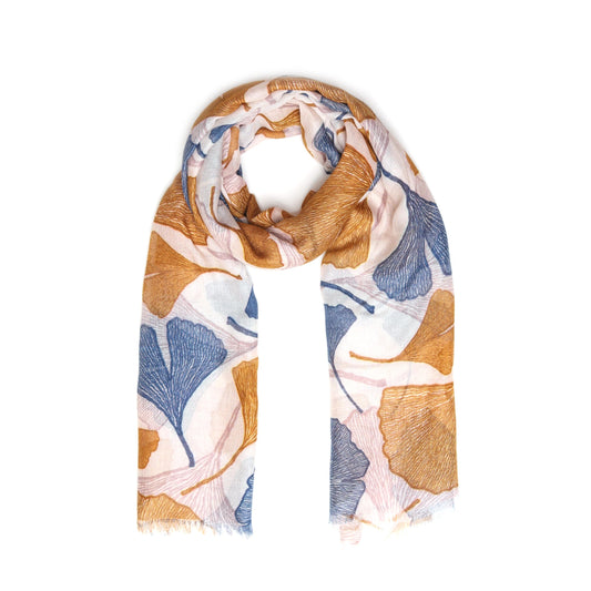 Autumn Ginkgo Leaf Scarf – Cotton Modal Designer Wrap | Japanese Botanical Nature Print - Earthy Tone