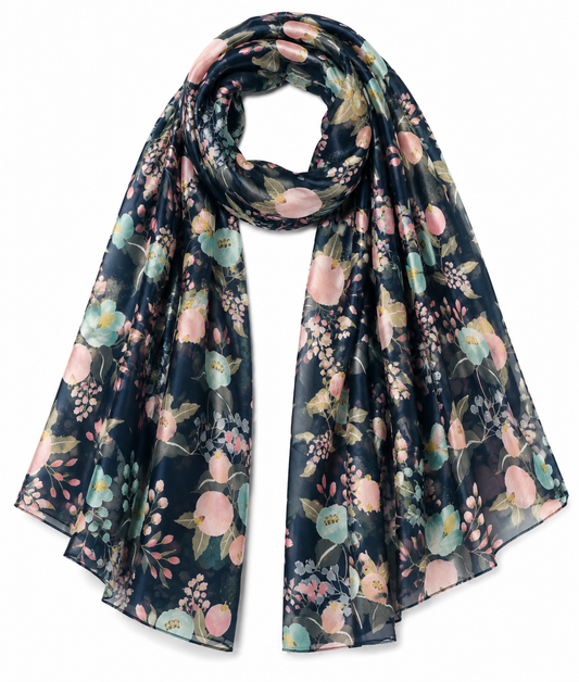 Midnight Bloom Bouquet Scarf – Pure Silk Designer Wrap | Dark Botanical Floral Print