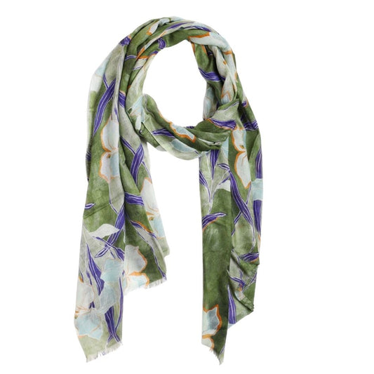 Olive Iris Bloom Designer Scarf – Botanical Floral Print Modal Silk Designer Wrap | Fine Art Inspired Accessory