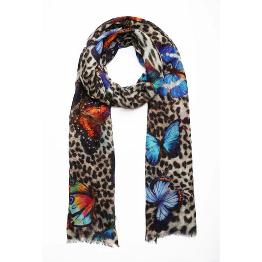 Butterfly Jungle Animal Print Scarf – Cotton Modal Designer Wrap | Leopard Pattern with Colorful Butterflies