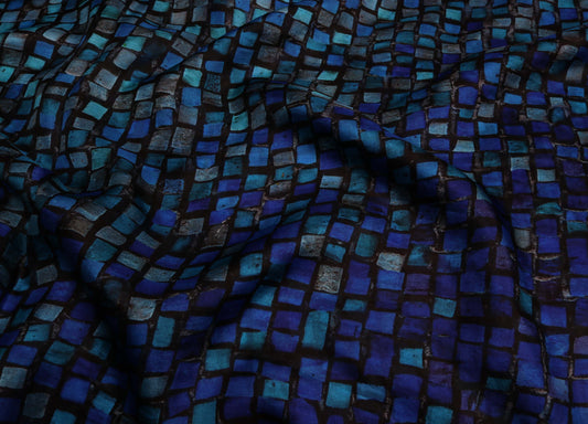 Blue Gradient Mosaic Abstract Scarf – Pure Silk Designer Wrap | Geometric Tile Art Print