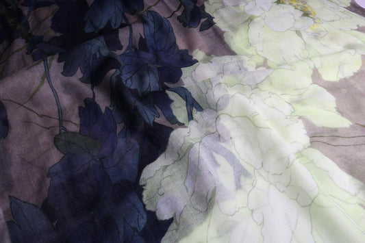 Ivory Peony Mist Merino Wool Silk Scarf – Elegant Botanical Designer Print