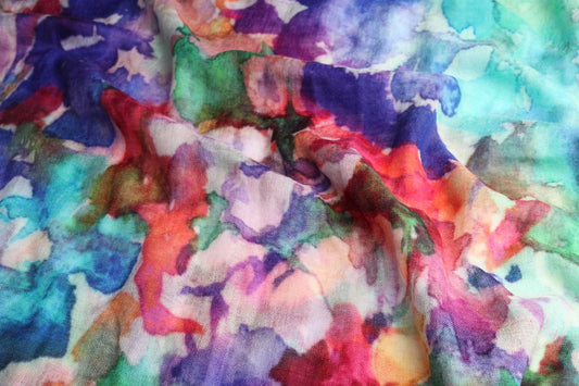 Blooming Symphony Floral Scarf – Merino Wool Designer Wrap | Multicolour Watercolor Botanical Print
