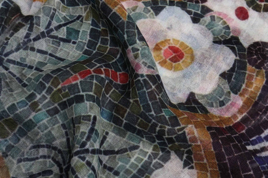 Mosaic Tile Scarf – Luxury Merino Wool Silk Wrap | Artistic Floral & Geometric Pattern With Brown Hem