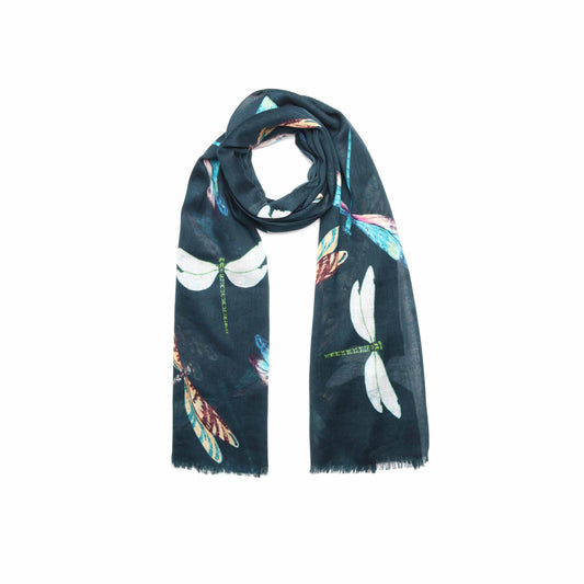 Dragonfly Scarf – Luxury Merino Wool Silk | Nature-Inspired Insect Print on Navy Blue Base