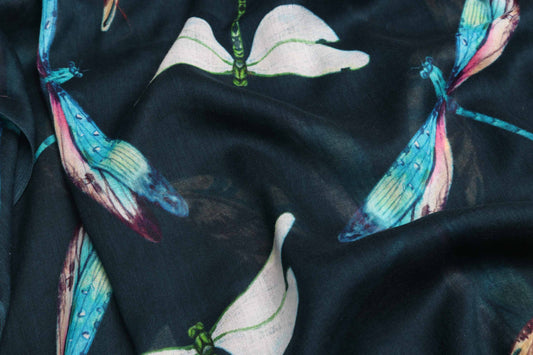 Dragonfly Scarf – Luxury Modal Silk | Nature-Inspired Insect Print on Navy Blue Base