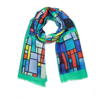 Stained Glass Geometry Scarf – Merino Wool Silk Wrap | Architectural Abstract Mosaic in Jewel Tones