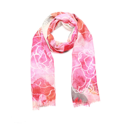 Watercolor Rose Symphony Scarf – Merino Wool Silk Wrap | Floral Artistic Bloom in Pink & Coral Hues