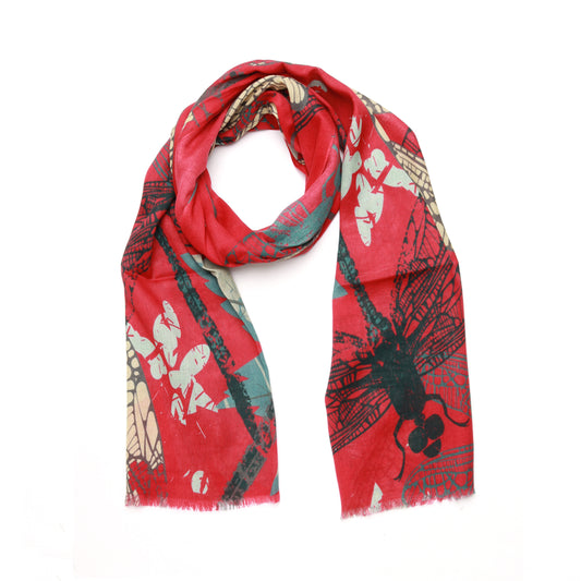 Crimson Dragonfly Merino Wool Silk Scarf – Botanical Insect Art Print