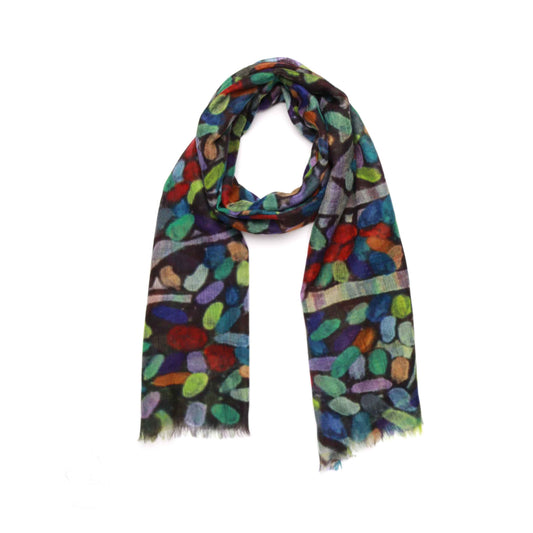 Abstract Mosaic Leaves Scarf – Merino Wool Silk Wrap Blend | Multicolor Artistic Pattern