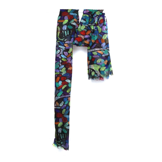 Abstract Mosaic Leaves Scarf – Merino Wool Silk Wrap Blend | Multicolor Artistic Pattern