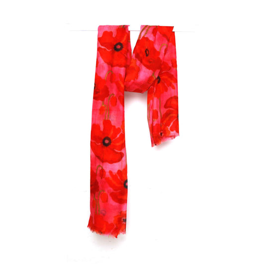 Poppy Bloom Scarf – Merino Fine Wool Wrap | Red & Scarlet Poppies on Radiant Pink Canvas
