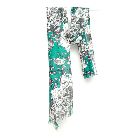 Teal Noir Garden Merino Wool Silk Scarf – Hand-Drawn Floral Designer Print