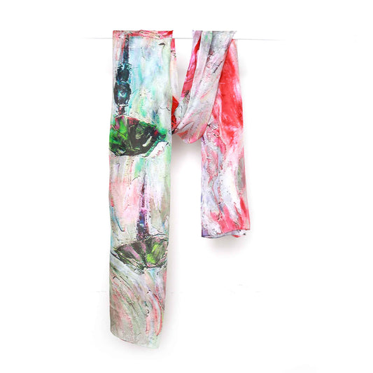 Rainy Day Romance Scarf – Premium Pure Silk Wrap | Abstract Umbrella Walk in Bold Colours
