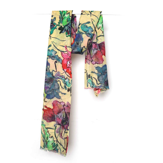 Golden Bloom Merino Wool Silk Scarf – Expressive Floral Art Designer Print